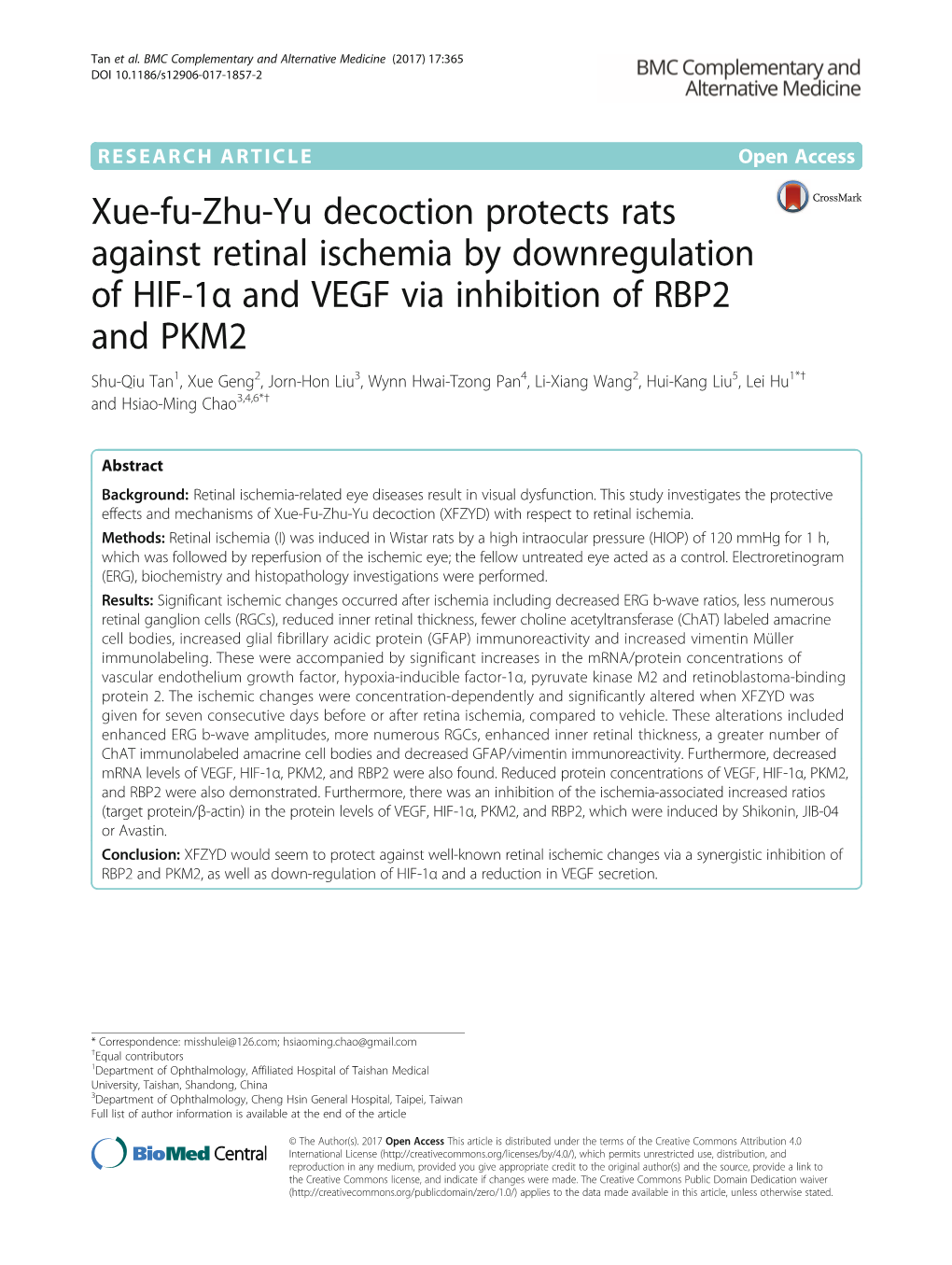 Xue-Fu-Zhu-Yu Decoction Protects Rats Against Retinal Ischemia By