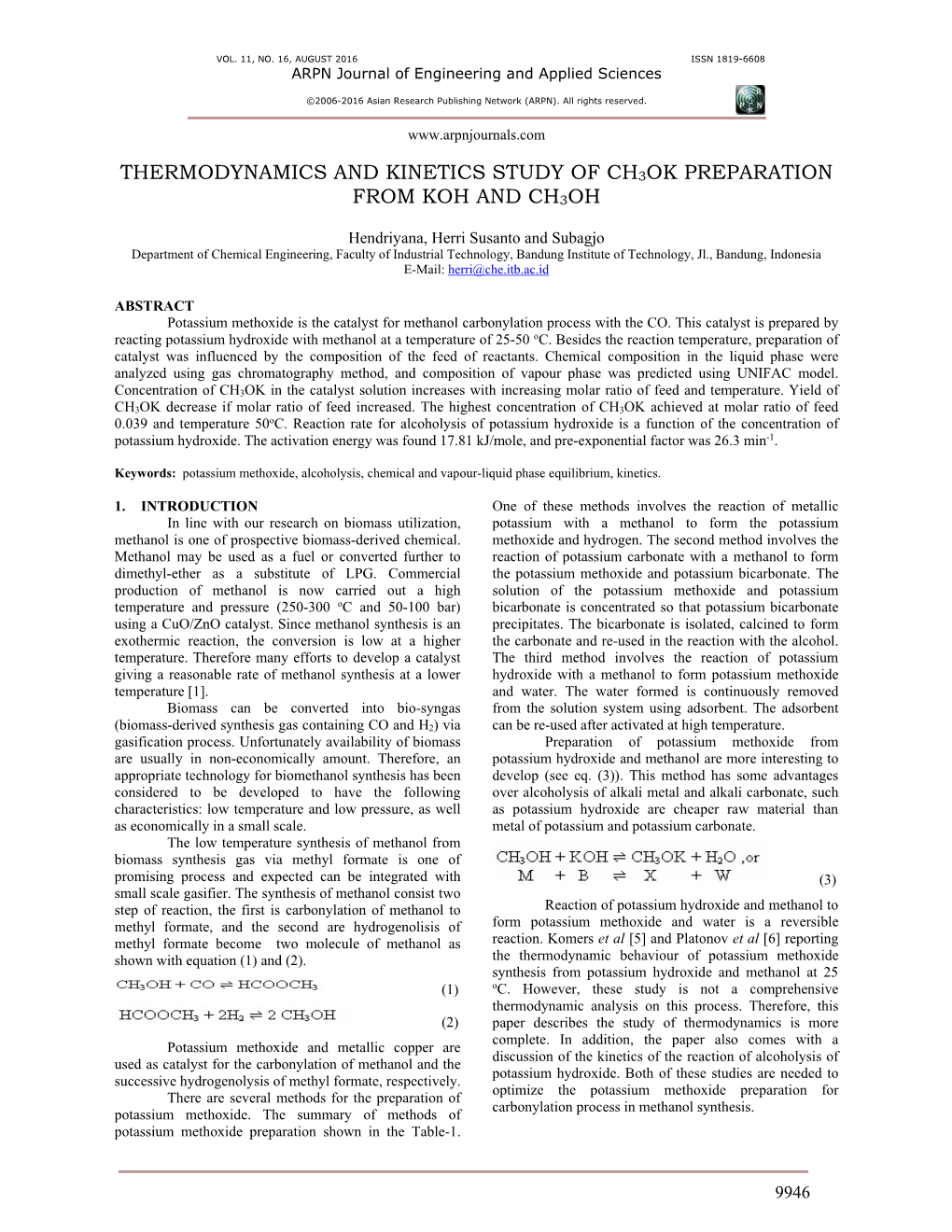 Thermodynamics and Kinetics Study of Ch3ok Preparation from Koh and Ch3oh