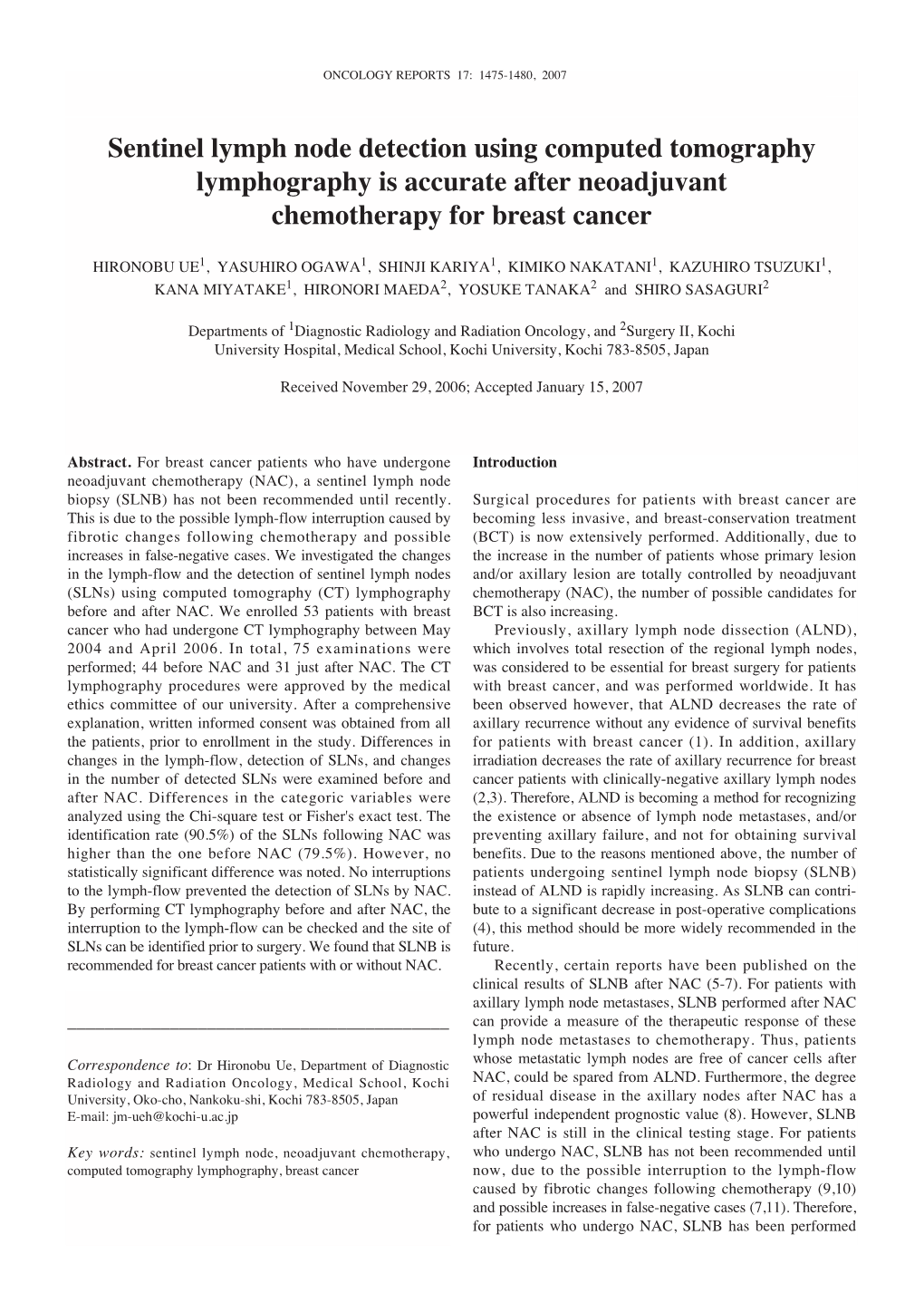 Sentinel Lymph Node Detection Using Computed Tomography Lymphography Is Accurate After Neoadjuvant Chemotherapy for Breast Cancer