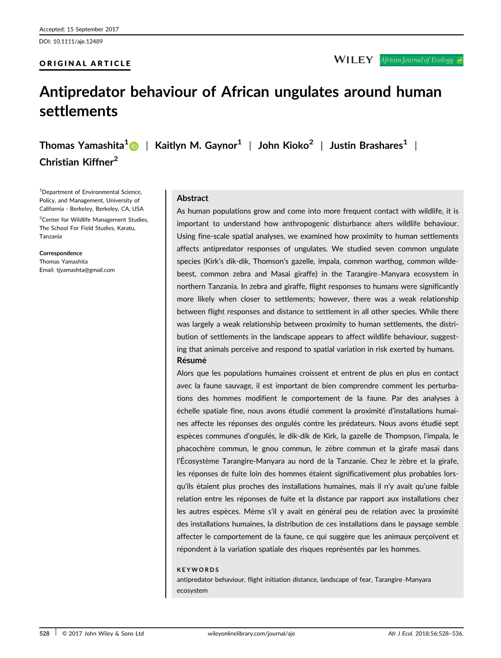 Antipredator Behaviour of African Ungulates Around Human Settlements