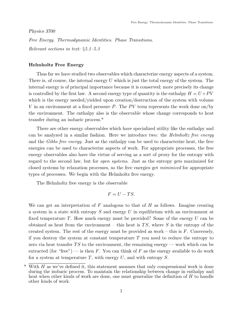 Free Energy. Thermodynamic Identities. Phase Transitions