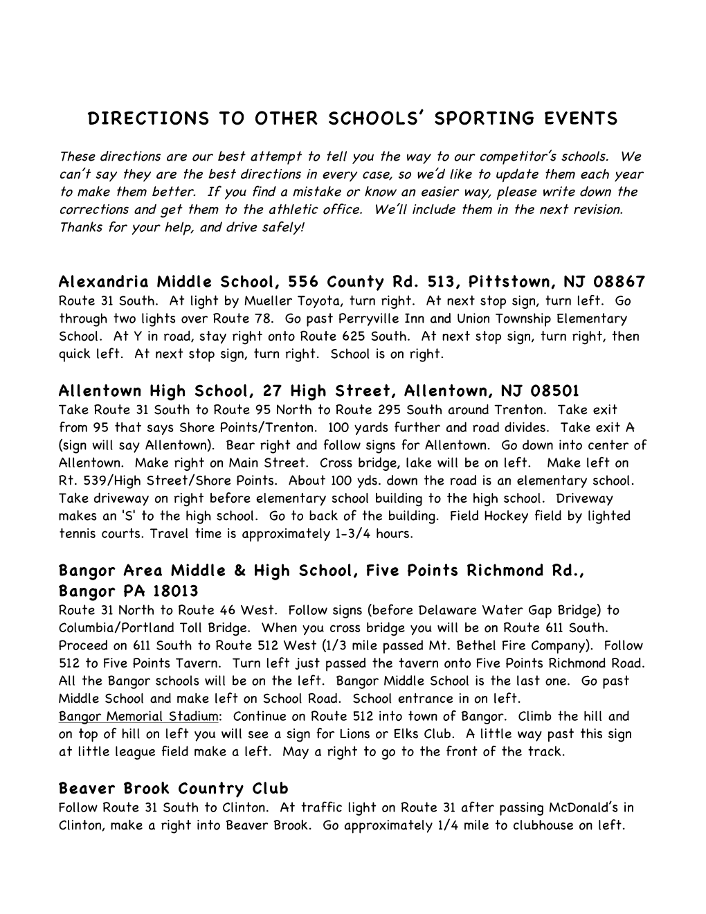 Directions to Other Schools' Sporting Events