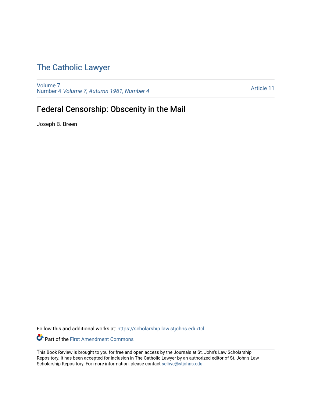 Federal Censorship: Obscenity in the Mail