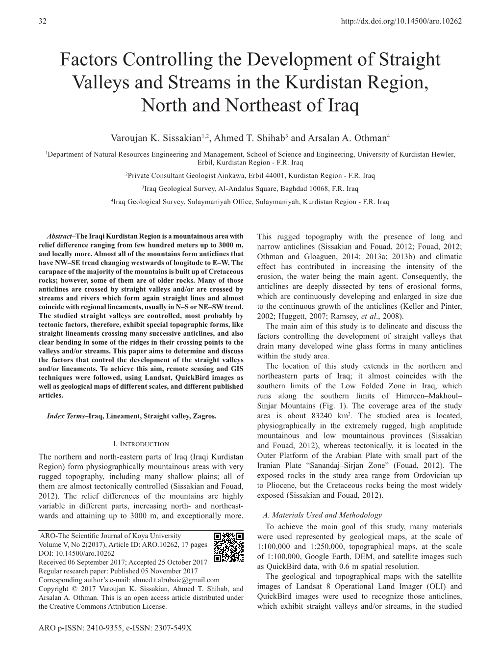 Factors Controlling the Development of Straight Valleys and Streams in the Kurdistan Region, North and Northeast of Iraq