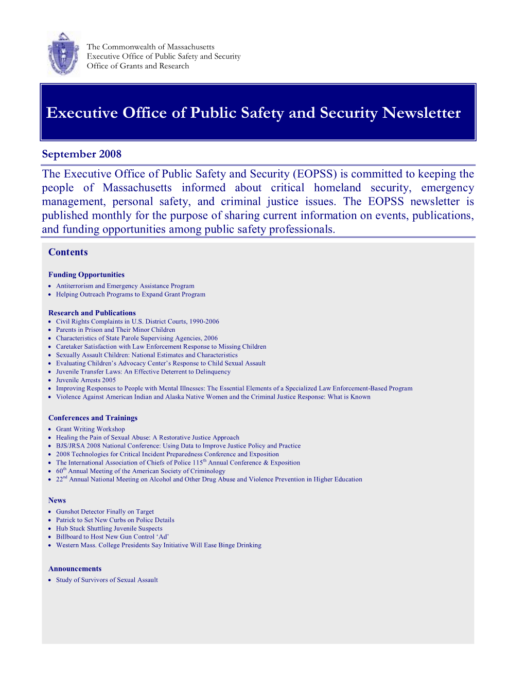 Executive Office of Public Safety and Security Newsletter