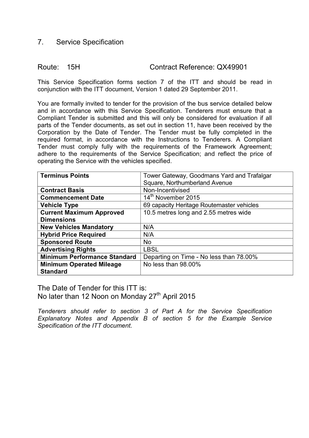 7. Service Specification Route: 15H Contract