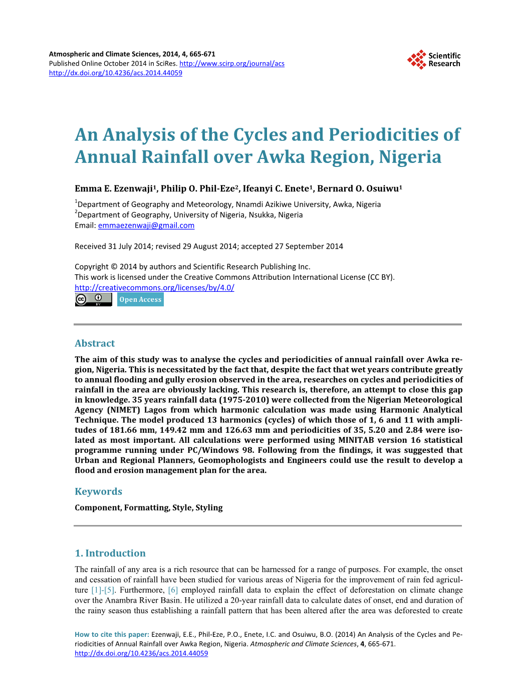 An Analysis of the Cycles and Periodicities of Annual Rainfall Over Awka Region, Nigeria