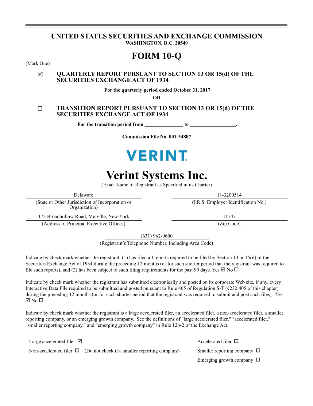 Verint Systems Inc. (Exact Name of Registrant As Specified in Its Charter)