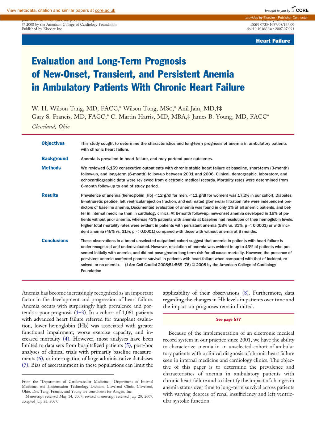 Evaluation and Long-Term Prognosis of New-Onset, Transient, and Persistent Anemia in Ambulatory Patients with Chronic Heart Failure