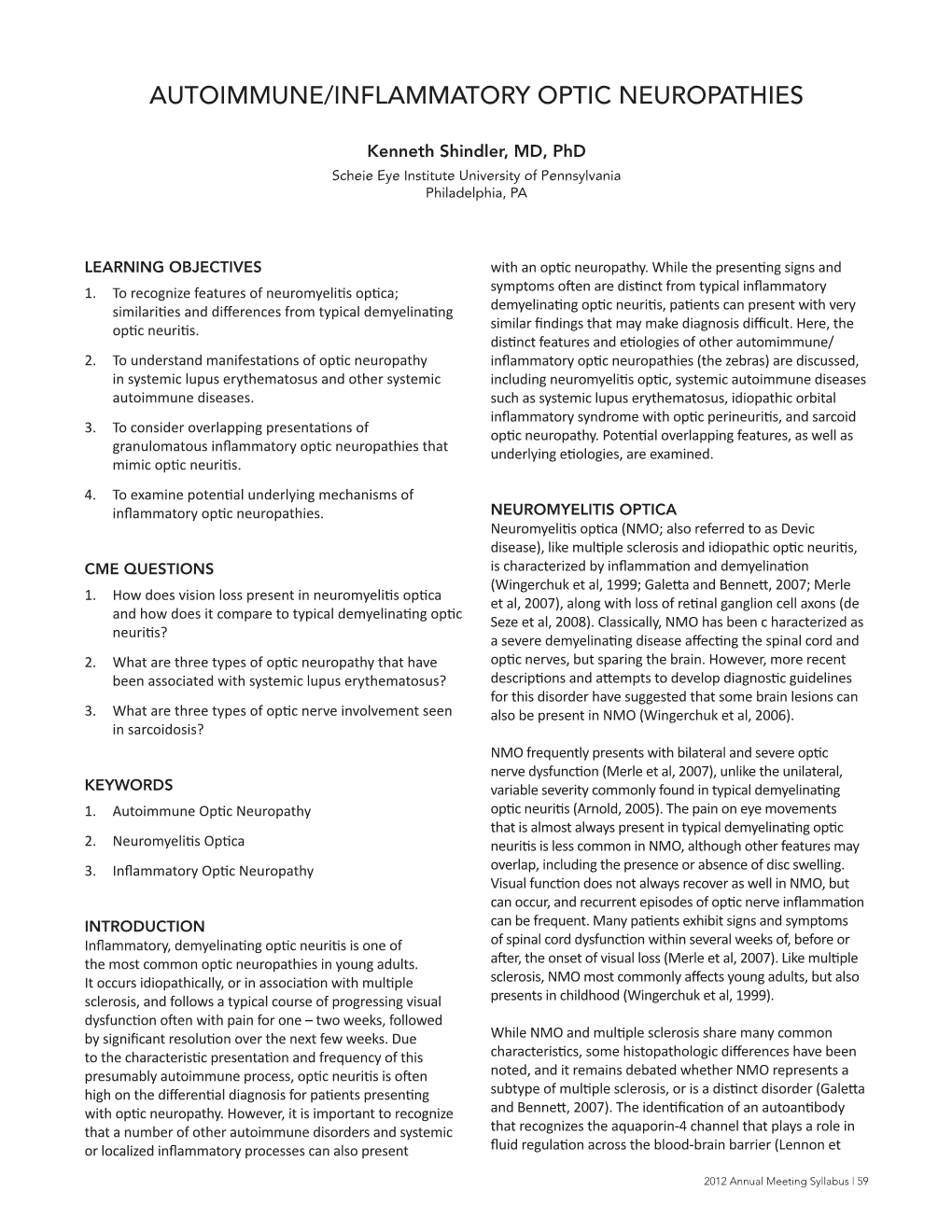 Autoimmune/Inflammatory Optic Neuropathies