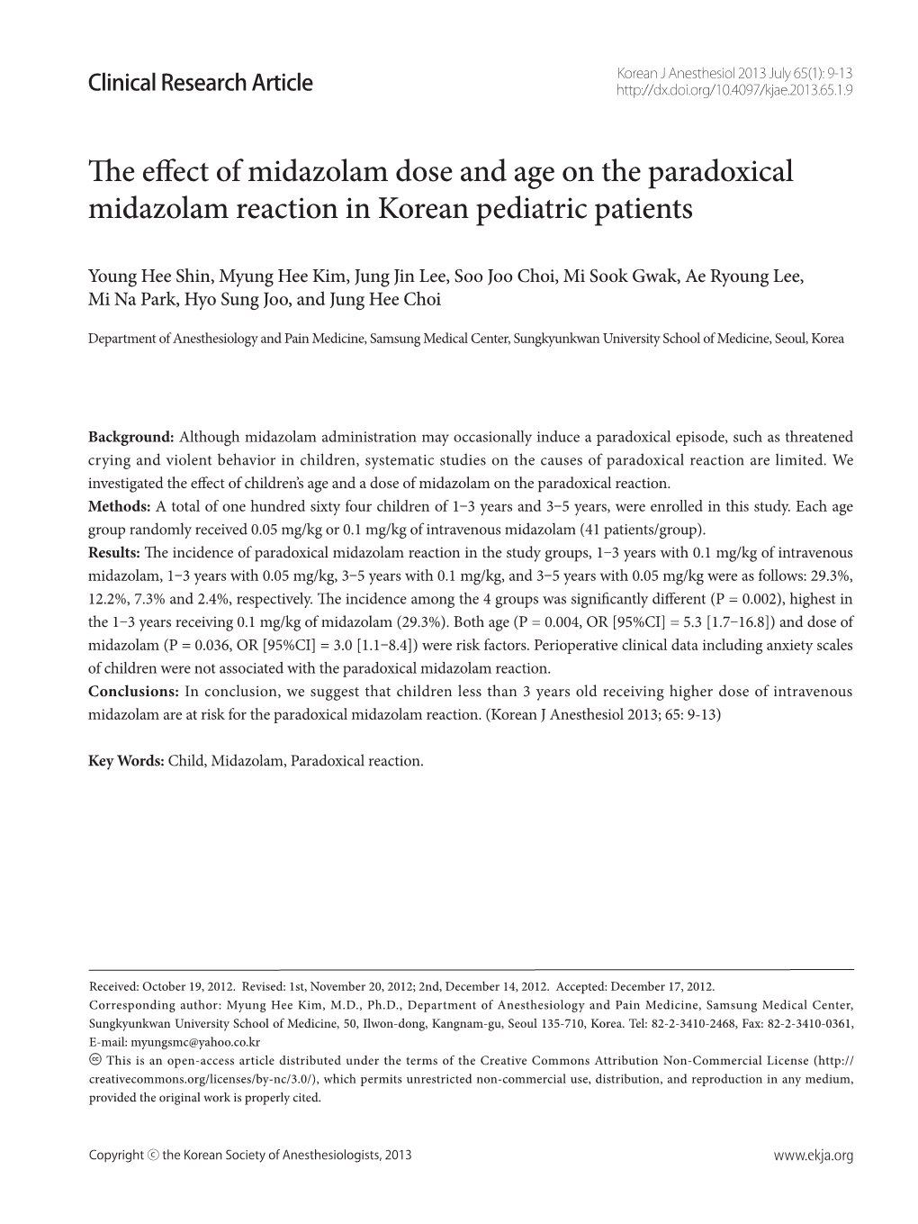 The Effect of Midazolam Dose and Age on the Paradoxical Midazolam Reaction in Korean Pediatric Patients