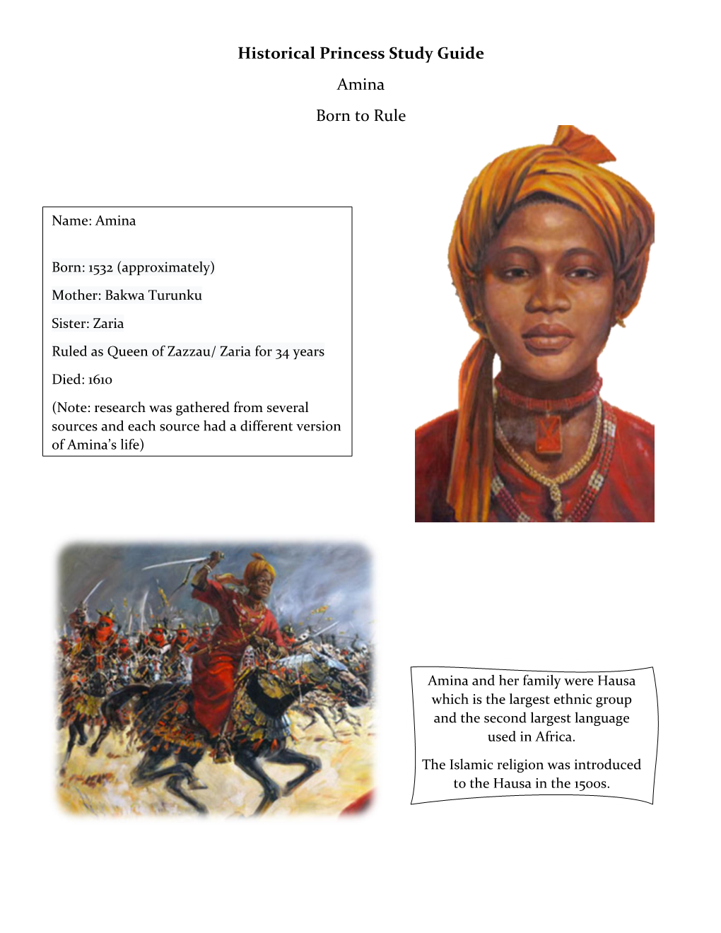 Historical Princess Study Guide Amina Born to Rule