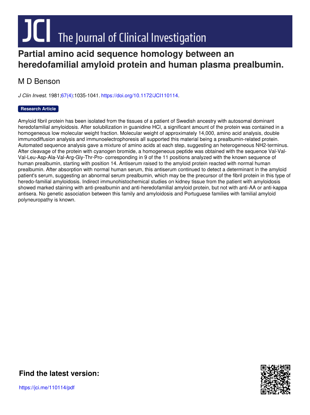 Partial Amino Acid Sequence Homology Between an Heredofamilial Amyloid Protein and Human Plasma Prealbumin