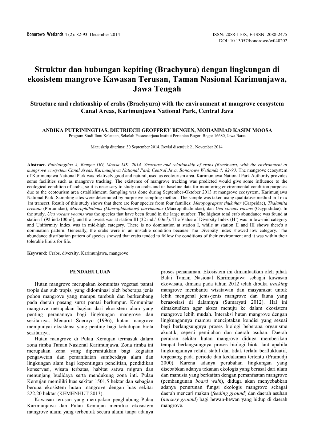Struktur Dan Hubungan Kepiting (Brachyura) Dengan Lingkungan Di Ekosistem Mangrove Kawasan Terusan, Taman Nasional Karimunjawa, Jawa Tengah