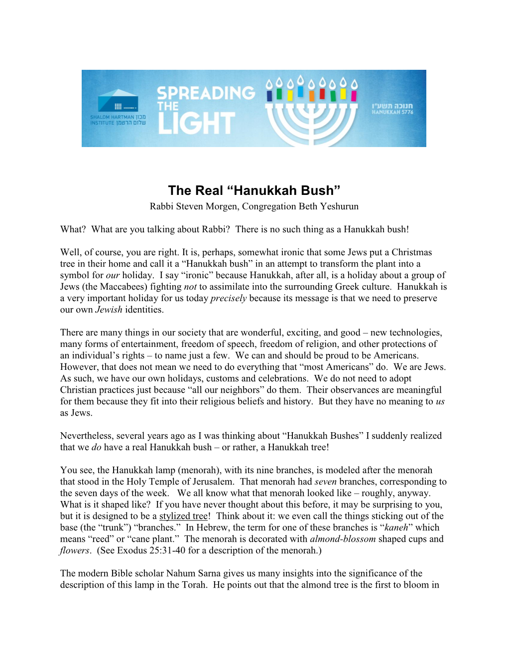 Message Article for Hanukkah