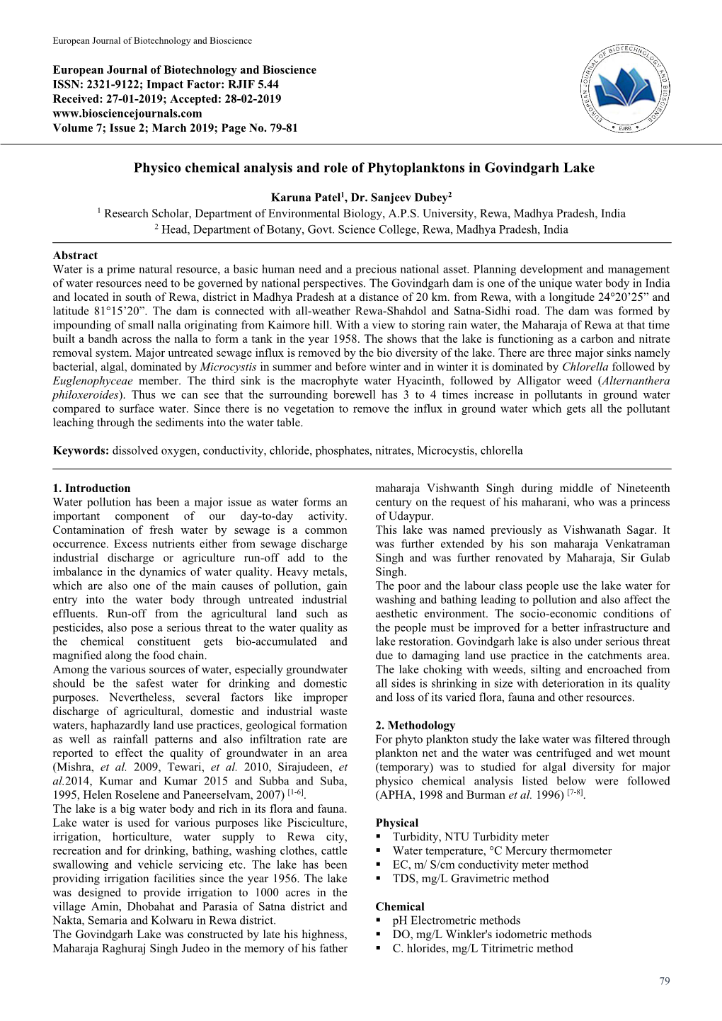 Physico Chemical Analysis and Role of Phytoplanktons in Govindgarh Lake