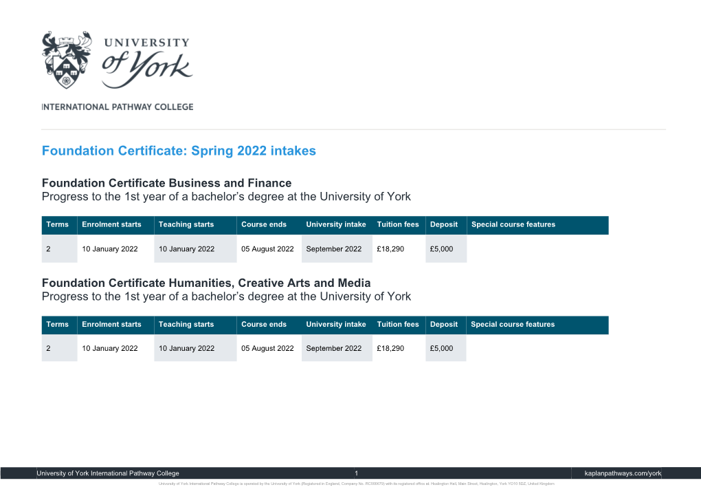 Foundation Certificate: Spring 2022 Intakes
