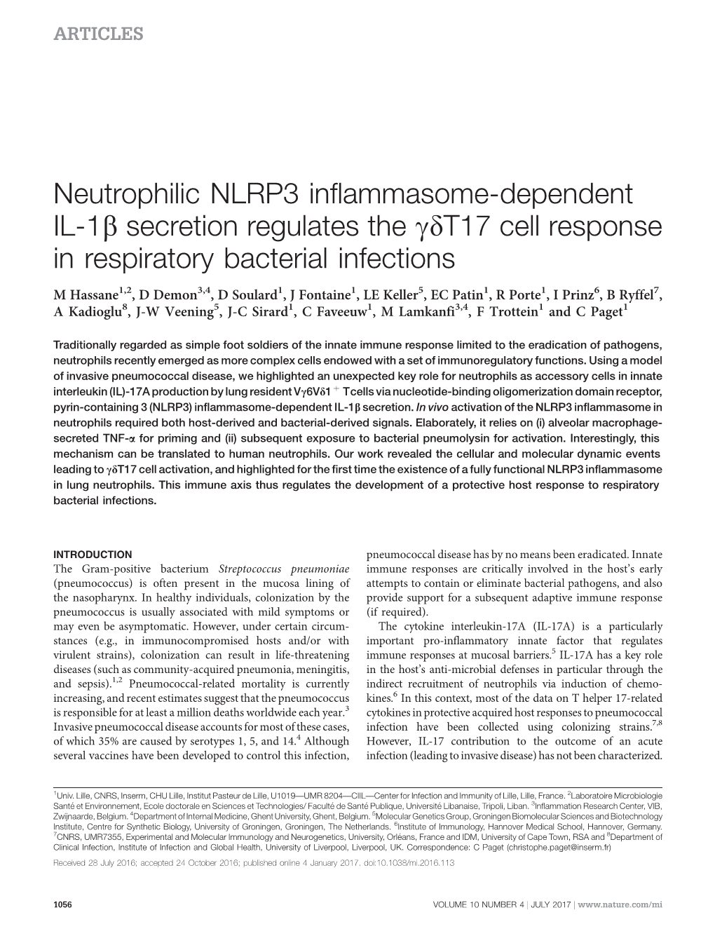 Neutrophilic NLRP3 Inflammasome-Dependent IL-1B Secretion Regulates the Gdt17 Cell Response in Respiratory Bacterial Infections