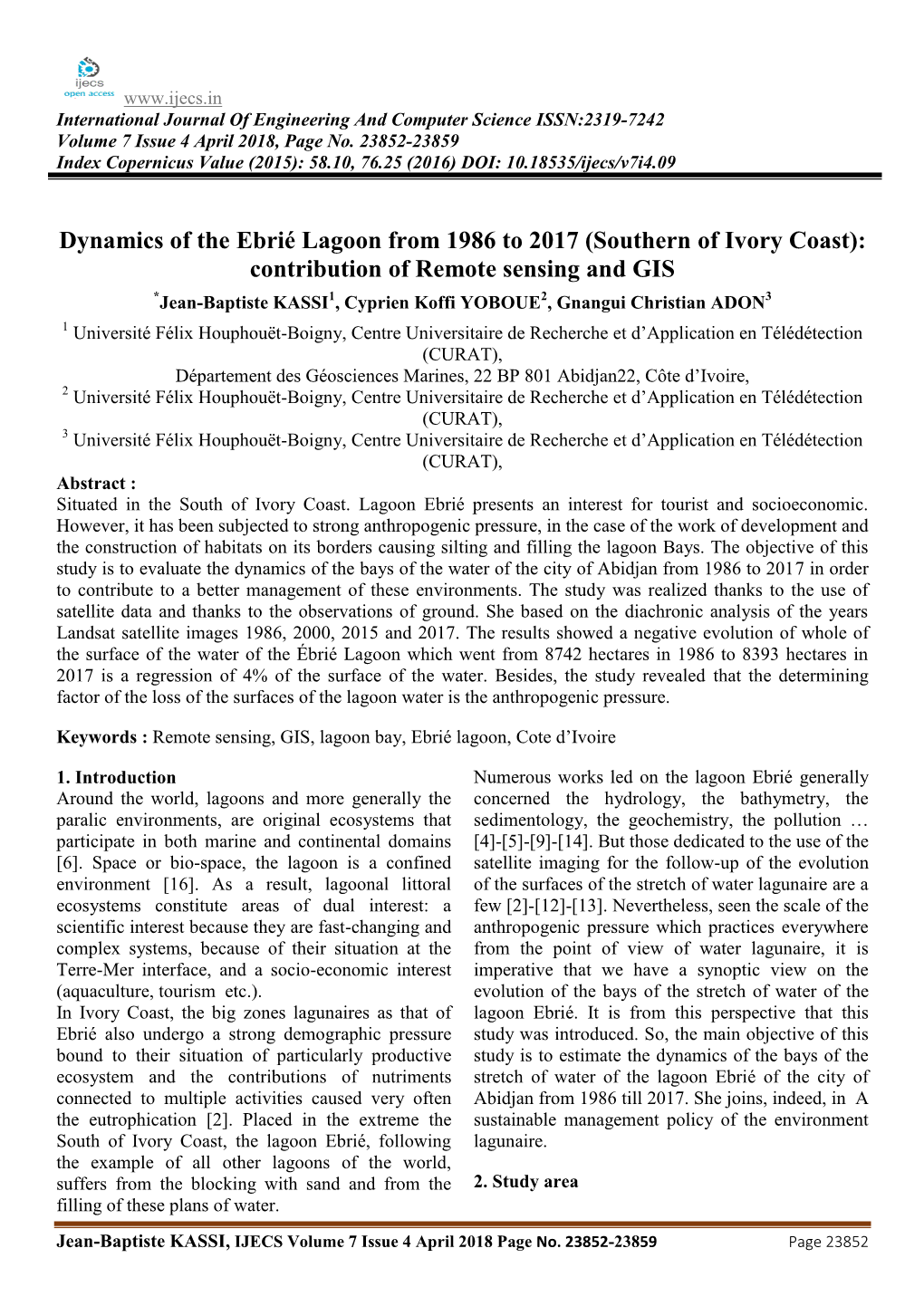 Dynamics of the Ebrié Lagoon from 1986 to 2017