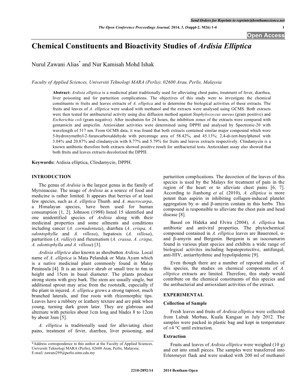 Chemical Constituents and Bioactivity Studies of Ardisia Elliptica