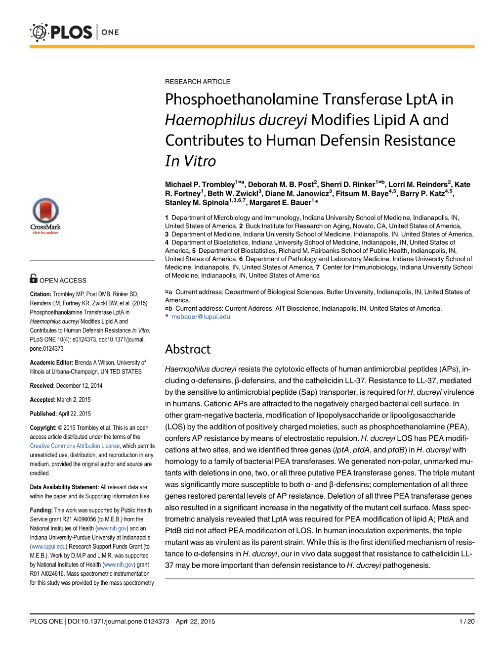 Phosphoethanolamine Transferase Lpta in Haemophilus Ducreyi Modifies Lipid a and Contributes to Human Defensin Resistance in Vitro