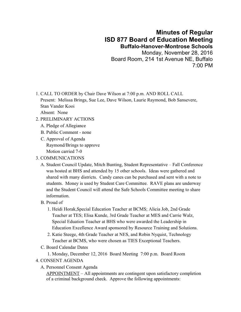 ISD 877 Board of Education Meeting