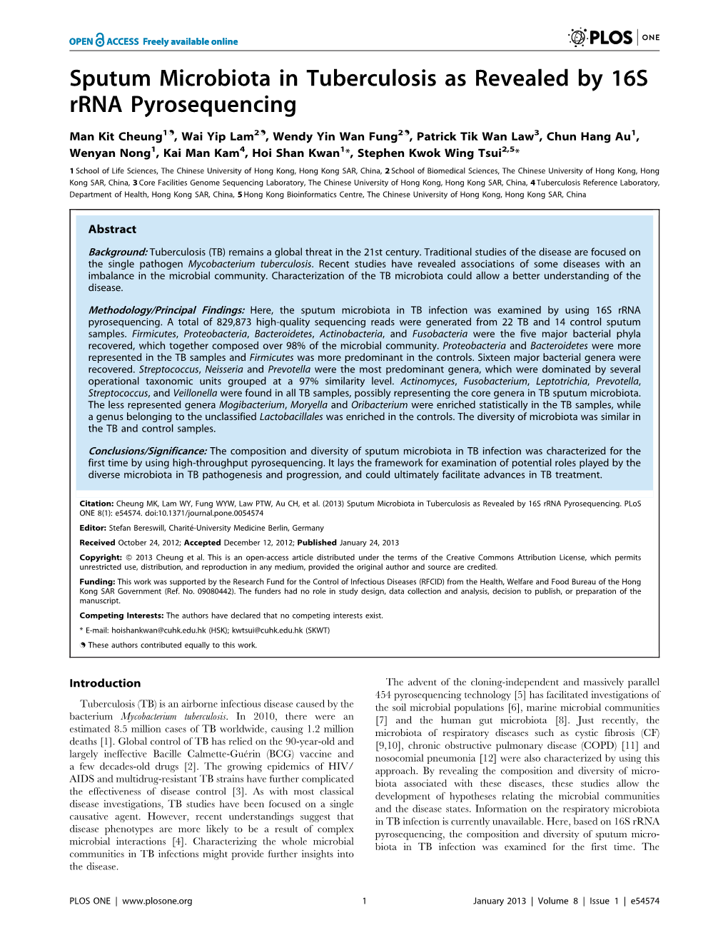 Sputum Microbiota in Tuberculosis As Revealed by 16S Rrna Pyrosequencing