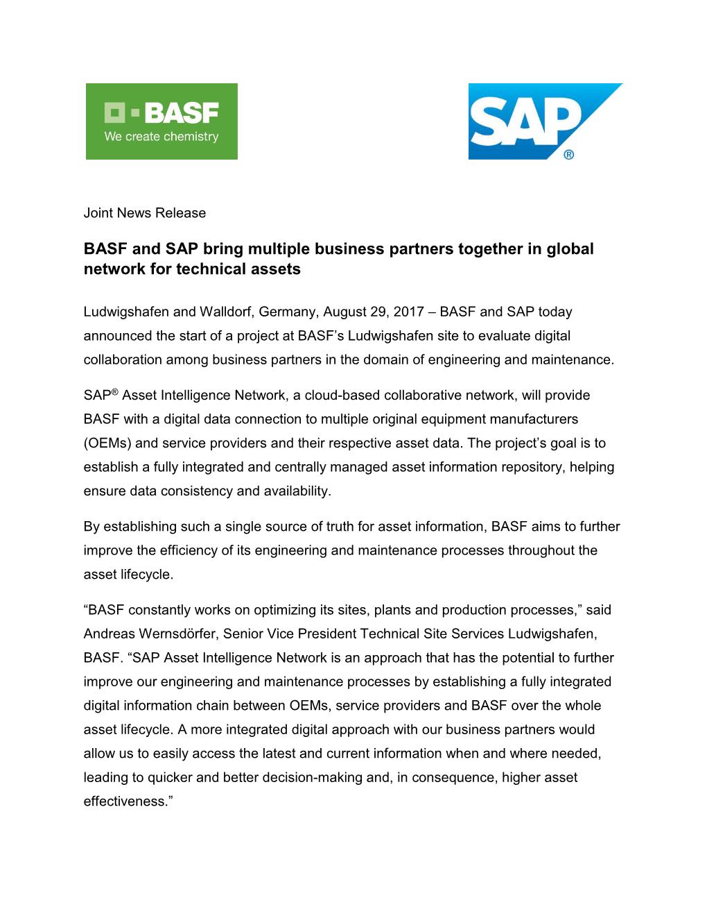 BASF and SAP Bring Multiple Business Partners Together in Global Network for Technical Assets