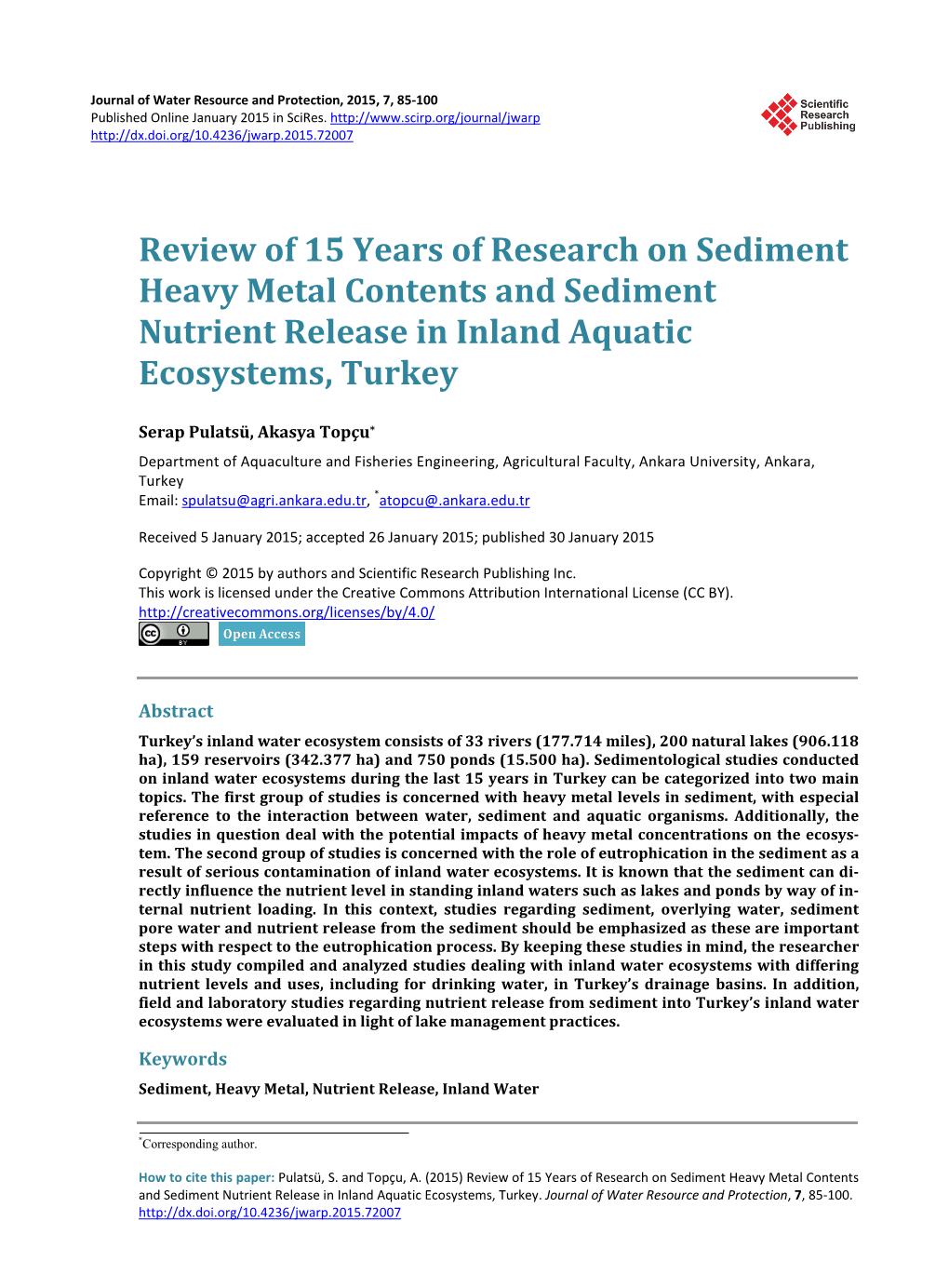 Review of 15 Years of Research on Sediment Heavy Metal Contents and Sediment Nutrient Release in Inland Aquatic Ecosystems, Turkey