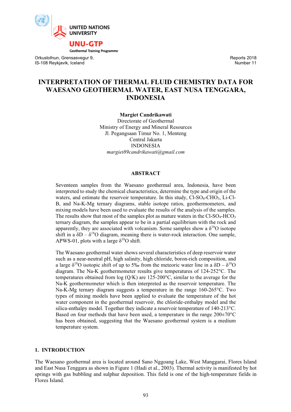 Interpretation of Thermal Fluid Chemistry Data for Waesano Geothermal Water, East Nusa Tenggara, Indonesia