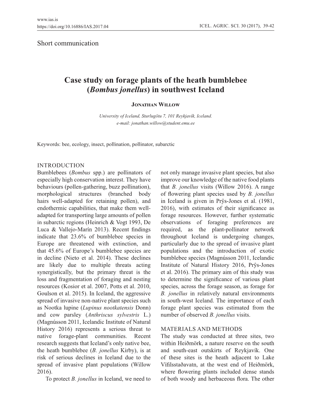 Case Study on Forage Plants of the Heath Bumblebee (Bombus Jonellus) in Southwest Iceland