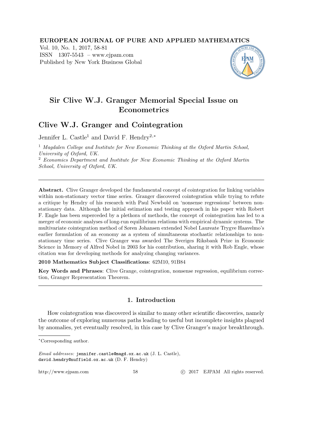 Sir Clive W.J. Granger Memorial Special Issue on Econometrics Clive W.J