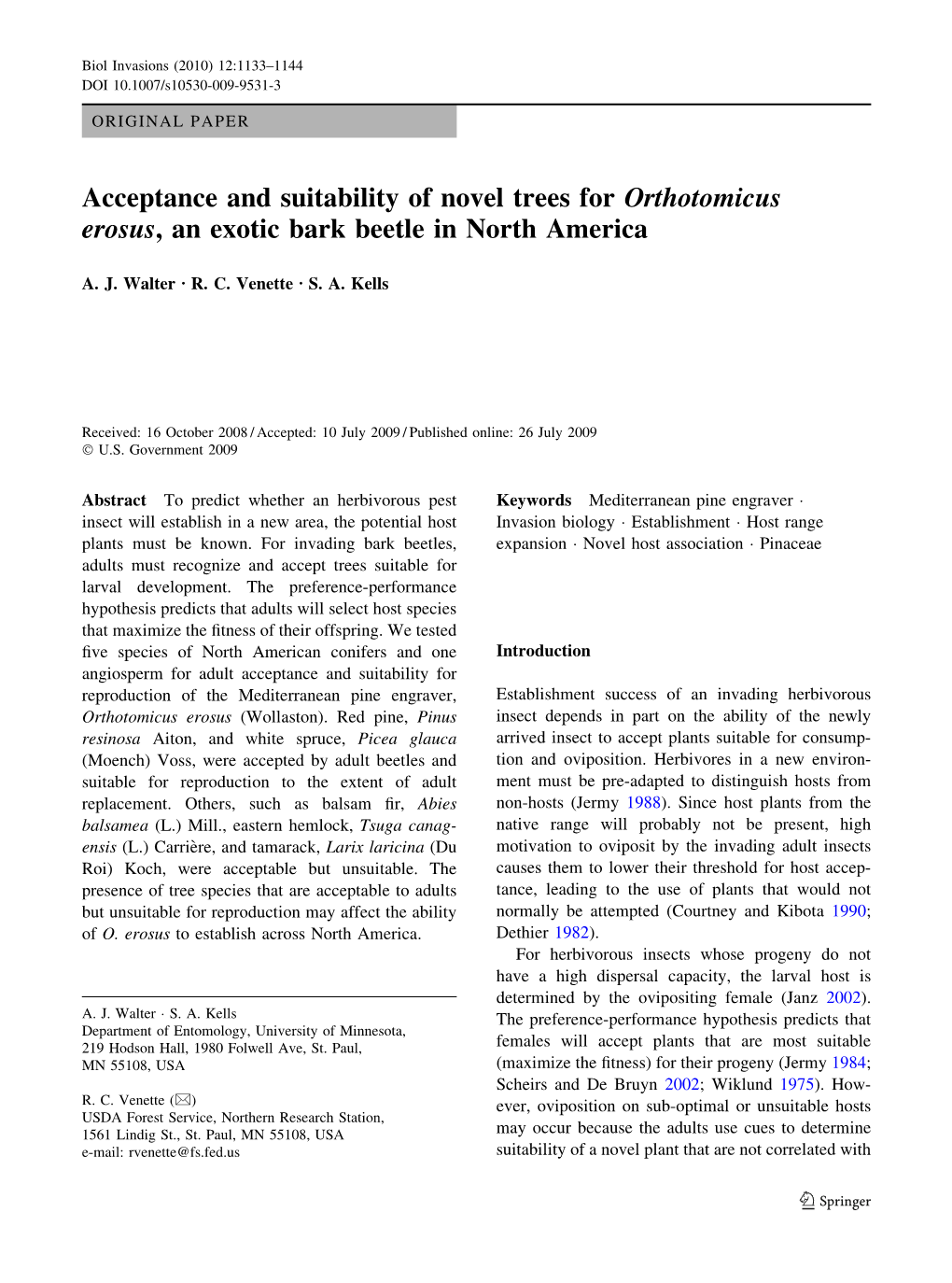 Acceptance and Suitability of Novel Trees for Orthotomicus Erosus, an Exotic Bark Beetle in North America