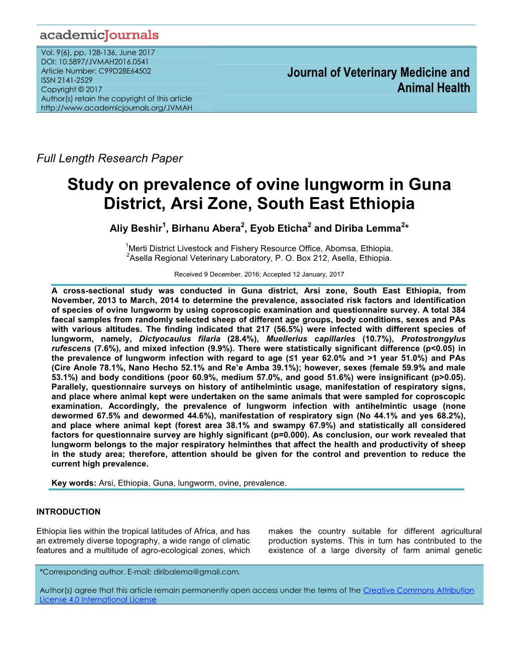 Study on Prevalence of Ovine Lungworm in Guna District, Arsi Zone, South East Ethiopia
