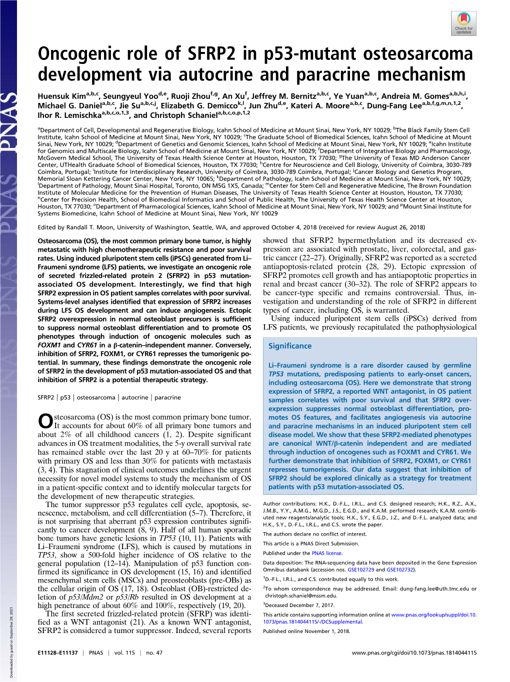 Oncogenic Role of SFRP2 in P53-Mutant Osteosarcoma Development Via Autocrine and Paracrine Mechanism