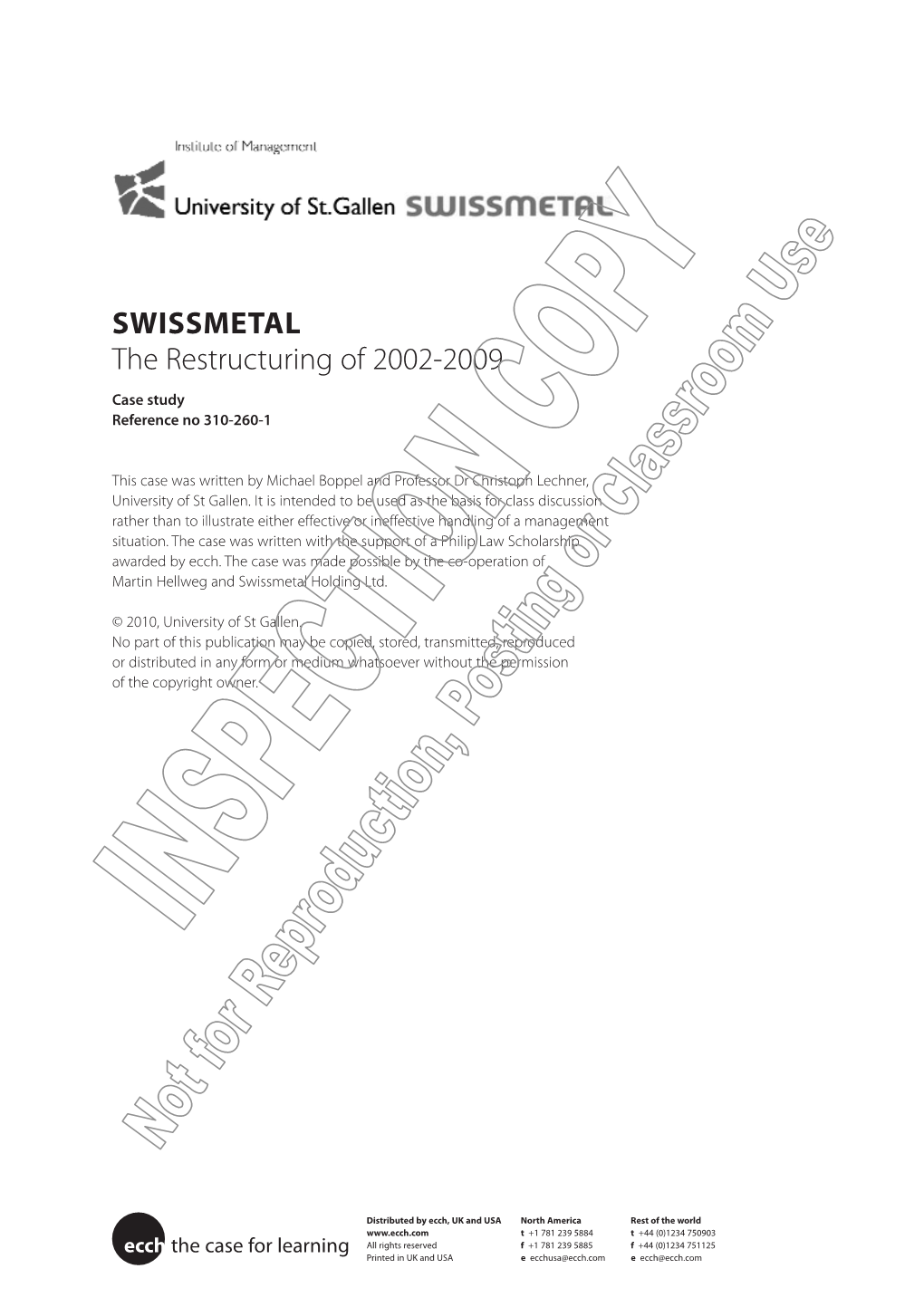 SWISSMETAL the Restructuring of 2002-2009 Case Study Reference No 310-260-1