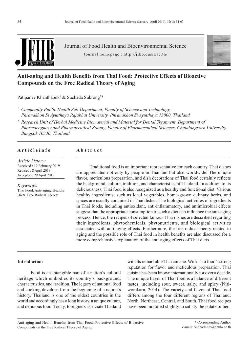 Anti-Aging and Health Benefits from Thai Food: Protective Effects of Bioactive Compounds on the Free Radical Theory of Aging