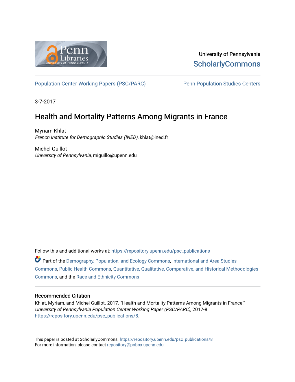 Health and Mortality Patterns Among Migrants in France