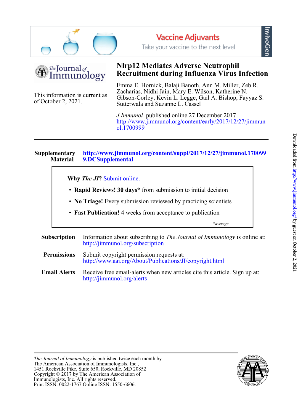 Nlrp12 Mediates Adverse Neutrophil Recruitment During Influenza Virus Infection Emma E