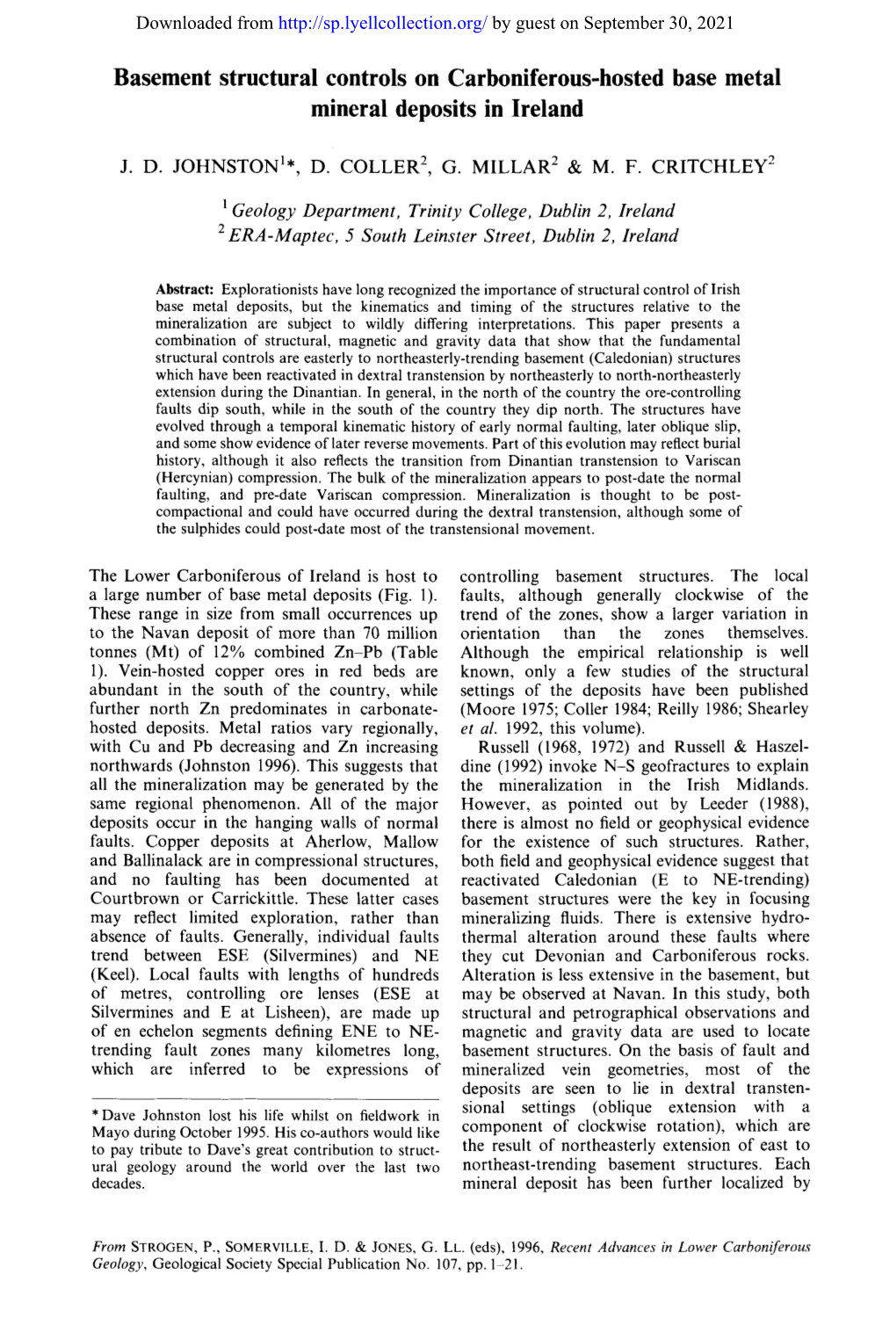 Basement Structural Controls on Carboniferous-Hosted Base Metal Mineral Deposits in Ireland