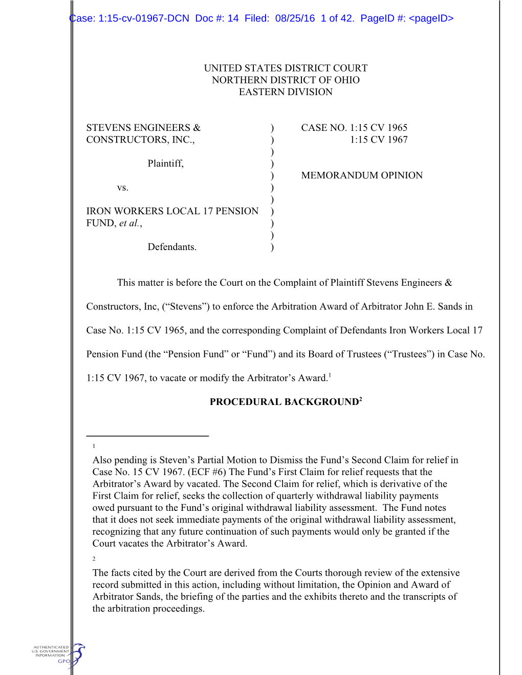 Case: 1:15-Cv-01967-DCN Doc #: 14 Filed: 08/25/16 1 of 42. Pageid