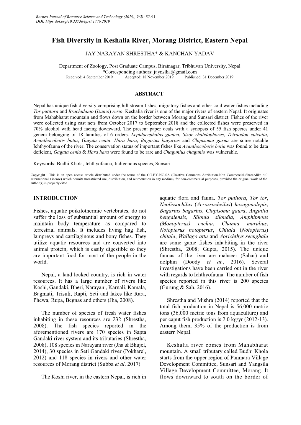 Fish Diversity in Keshalia River, Morang District, Eastern Nepal