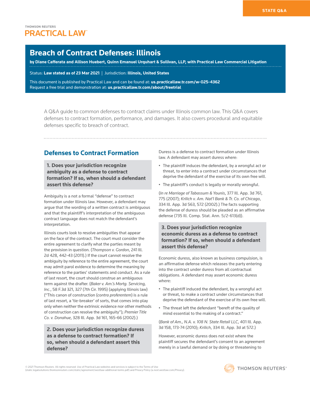 Breach of Contract Defenses: Illinois by Diane Cafferata and Allison Huebert, Quinn Emanuel Urquhart & Sullivan, LLP, with Practical Law Commercial Litigation