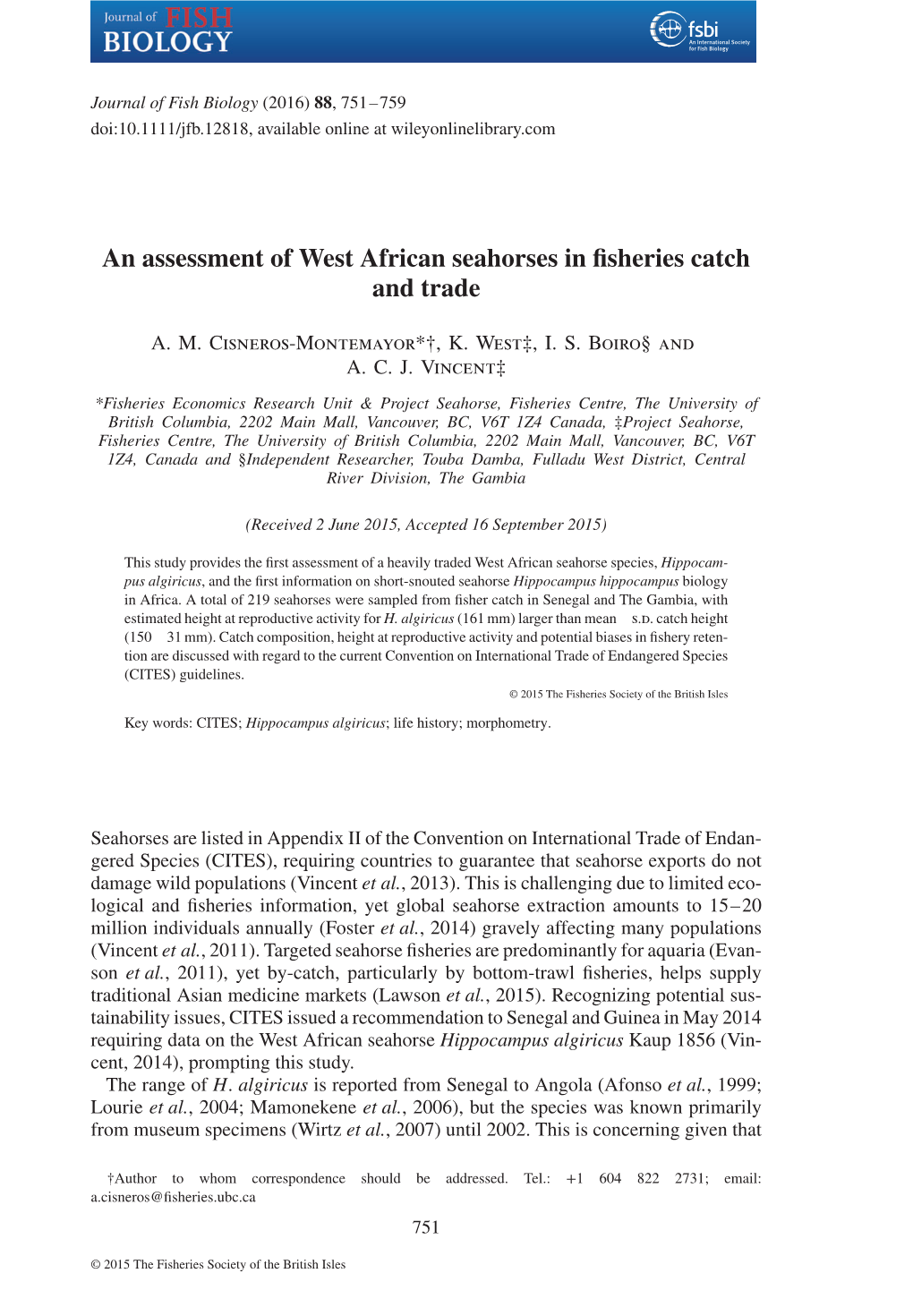 An Assessment of West African Seahorses in Fisheries Catch and Trade