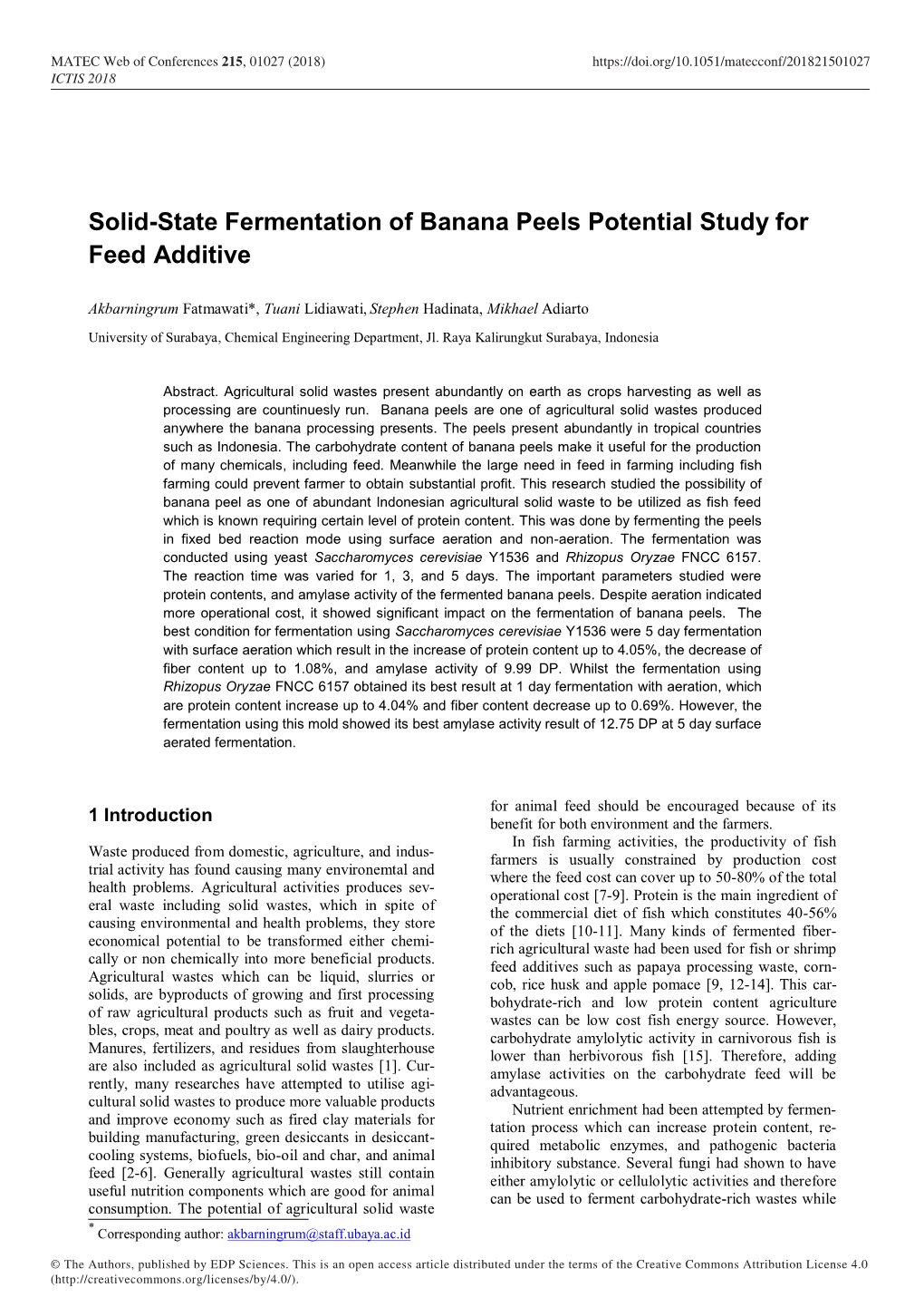 Solid-State Fermentation of Banana Peels Potential Study for Feed Additive