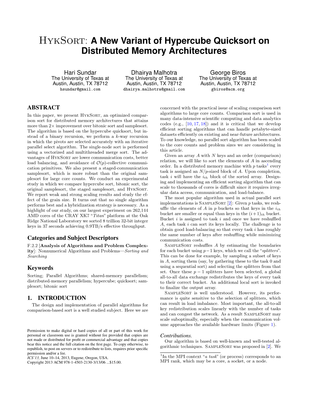 A New Variant of Hypercube Quicksort on Distributed Memory Architectures