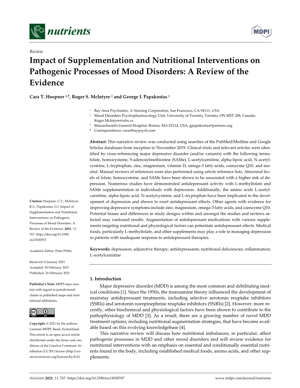 Impact of Supplementation and Nutritional Interventions on Pathogenic Processes of Mood Disorders: a Review of the Evidence