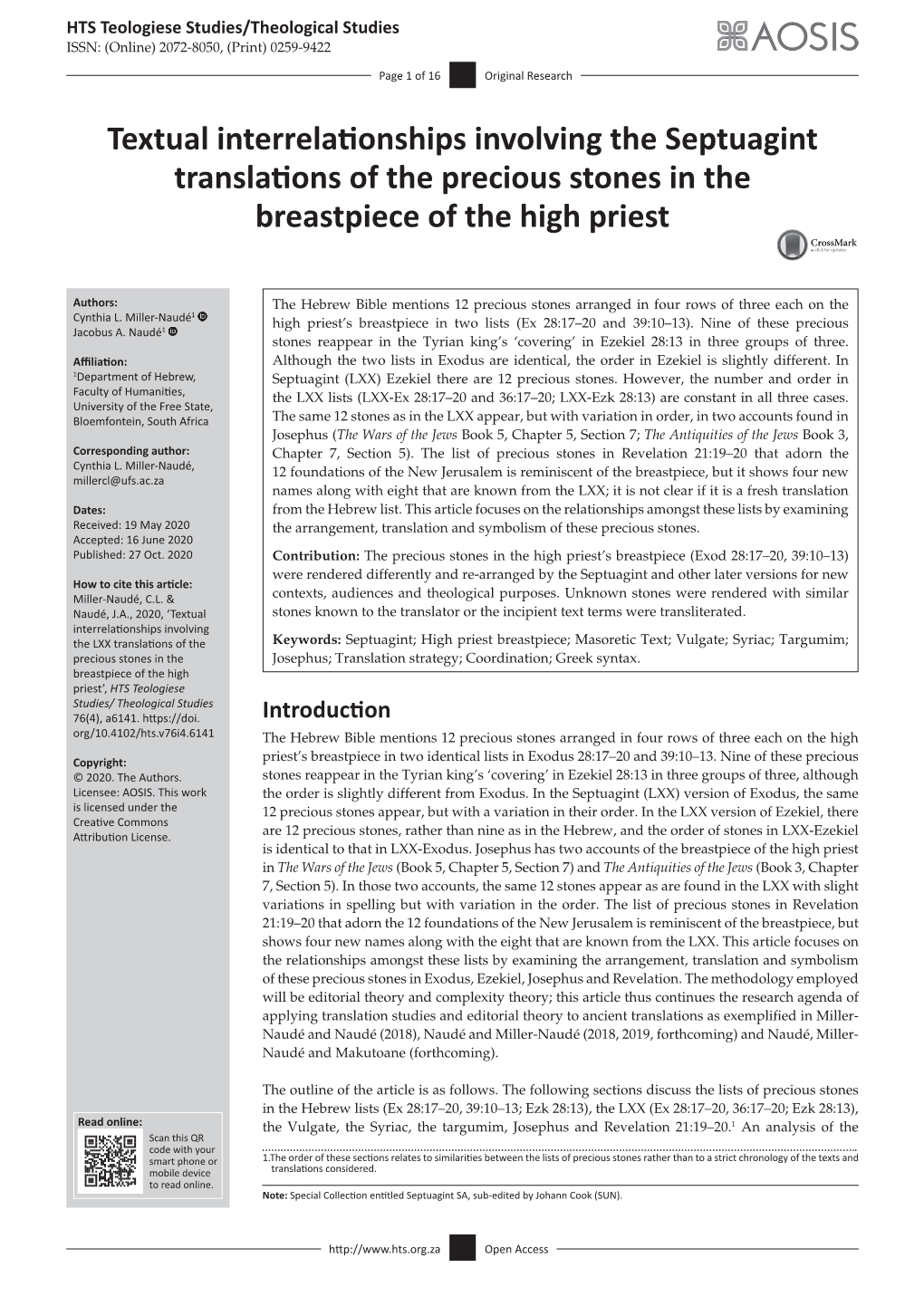 Textual Interrelationships Involving the Septuagint Translations of the Precious Stones in the Breastpiece of the High Priest