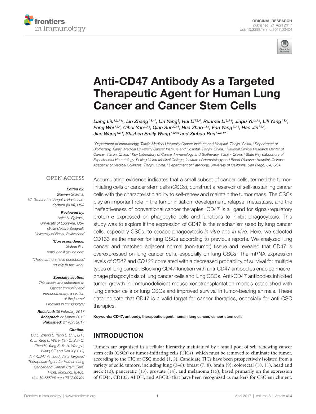 Anti-Cd47 Antibody As a Targeted Therapeutic Agent for Human Lung Cancer and Cancer Stem Cells