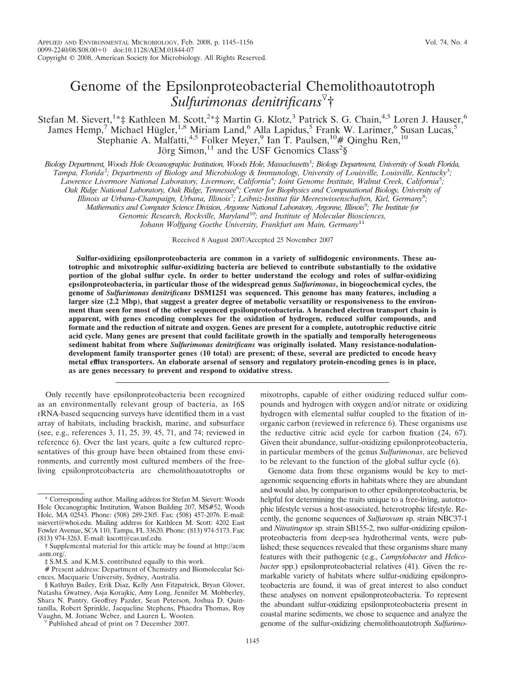 Genome of the Epsilonproteobacterial Chemolithoautotroph Sulfurimonas Denitriﬁcansᰔ† Stefan M